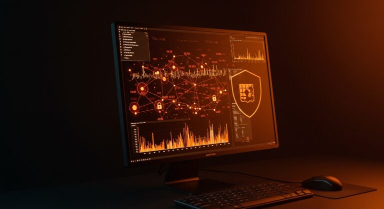 Monitoreo de red por proceso con eBPF en Linux representado en visualización digital avanzada con control de firewall y privacidad.