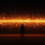 Homogenización del pensamiento humano por modelos de lenguaje LLM ilustrada con un fundador tech frente a flujos digitales en paleta naranja y negro.