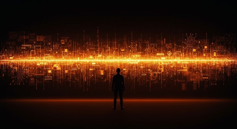 Homogenización del pensamiento humano por modelos de lenguaje LLM ilustrada con un fundador tech frente a flujos digitales en paleta naranja y negro.