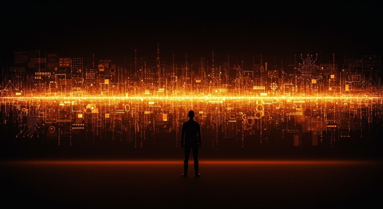 Homogenización del pensamiento humano por modelos de lenguaje LLM ilustrada con un fundador tech frente a flujos digitales en paleta naranja y negro.