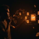 Fundador tecnológico interactuando con una interfaz holográfica de IA para gestión y automatización del conocimiento con LLM Knowledge Base de Karpathy.