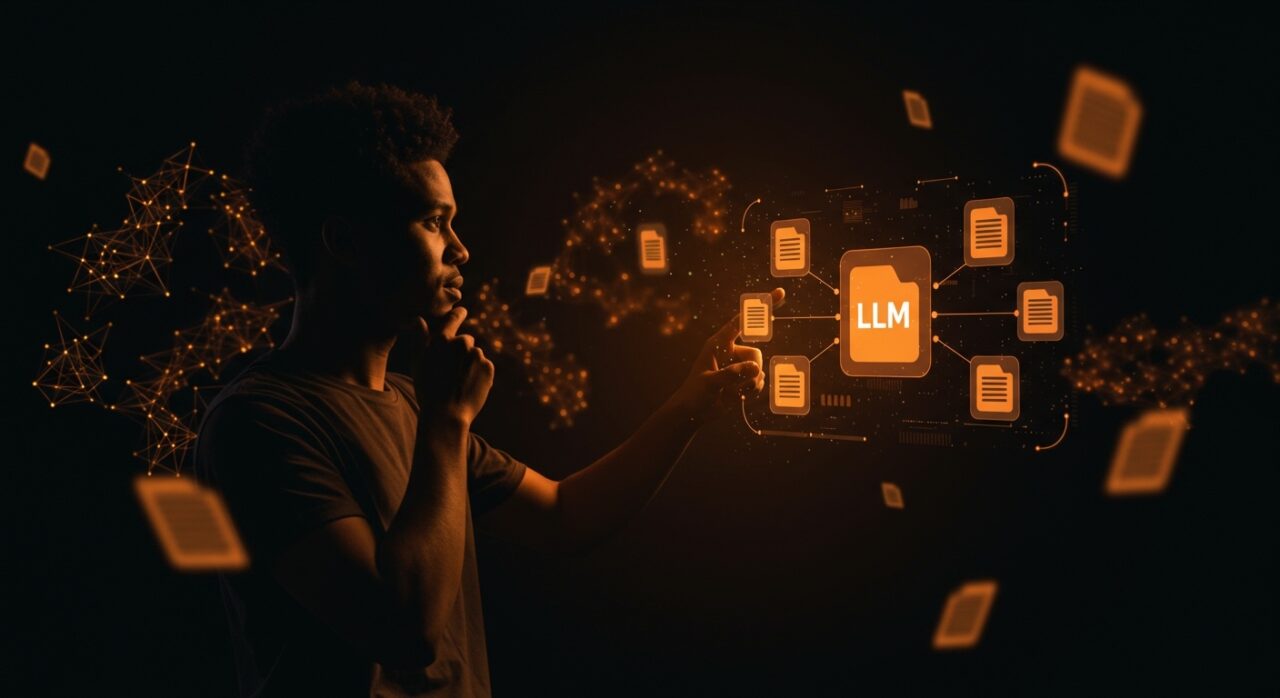 Fundador tecnológico interactuando con una interfaz holográfica de IA para gestión y automatización del conocimiento con LLM Knowledge Base de Karpathy.