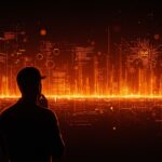 Ingeniero de software reflexionando frente a código digital con metáforas visuales de deuda técnica y herramientas IA en el desarrollo de software.