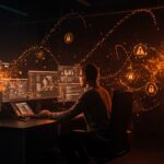 Riesgos de seguridad de LLMs representados por fundador de startup vigilando amenazas digitales en ambiente oscuro con luces naranjas y negras.