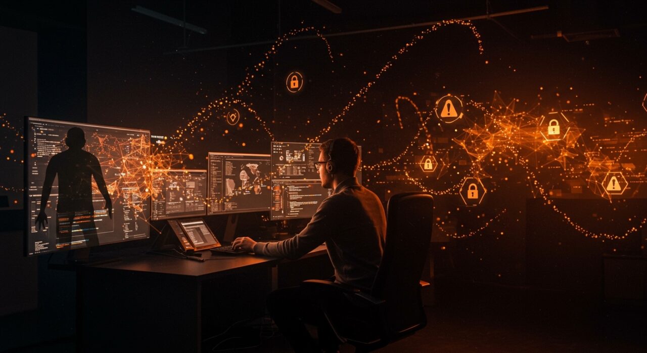 Riesgos de seguridad de LLMs representados por fundador de startup vigilando amenazas digitales en ambiente oscuro con luces naranjas y negras.
