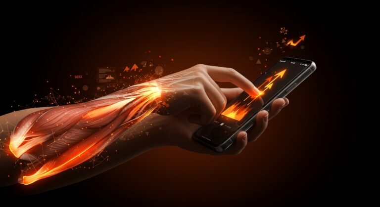 Visualización de Log2Motion midiendo fatiga muscular en interacciones de apps móviles con IA aplicada a diseño UX y ergonomía digital.