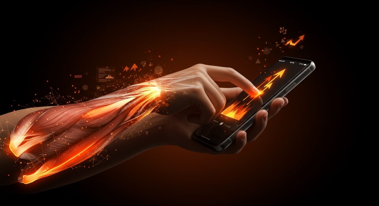 Visualización de Log2Motion midiendo fatiga muscular en interacciones de apps móviles con IA aplicada a diseño UX y ergonomía digital.