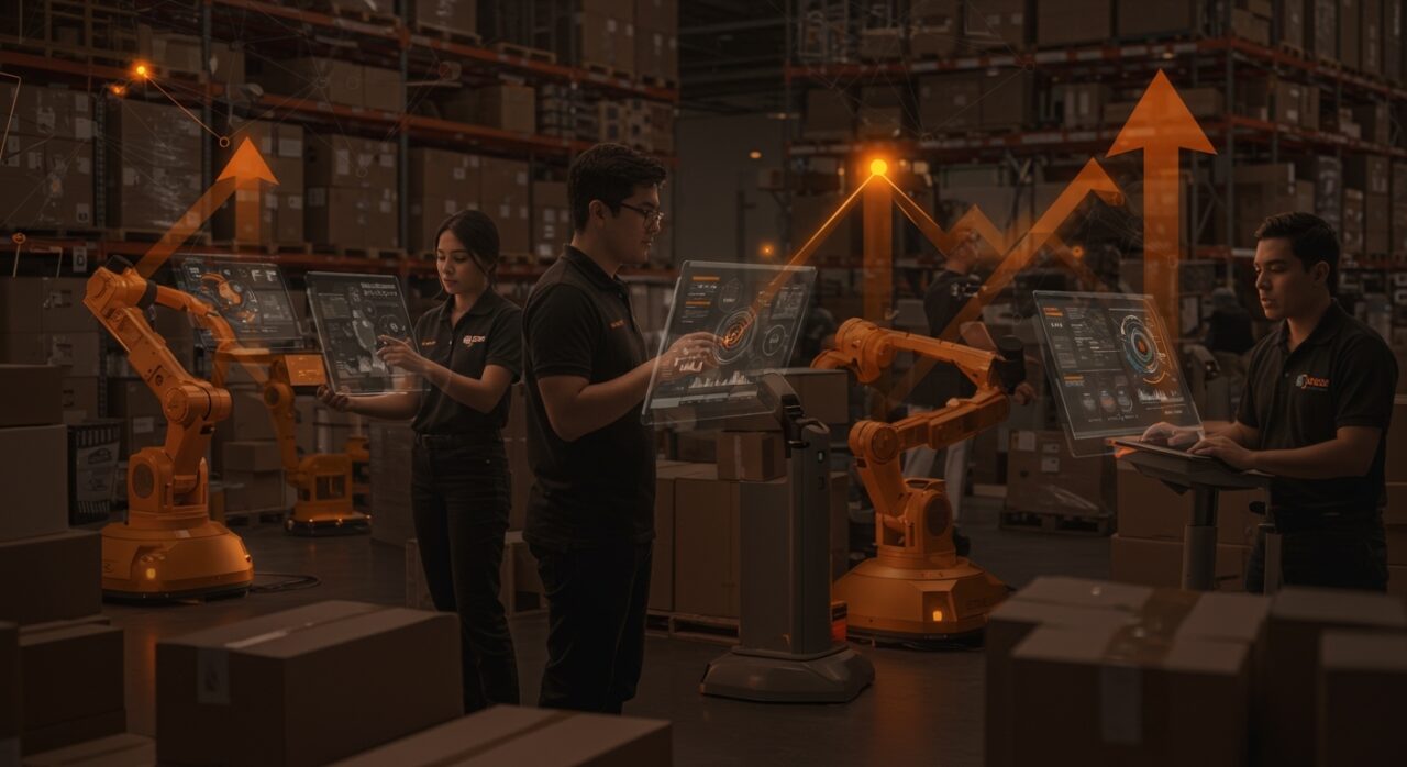 Jóvenes profesionales en logística colaborando con tecnología avanzada, representando la transformación digital y el relevo generacional en el sector logístico de México.