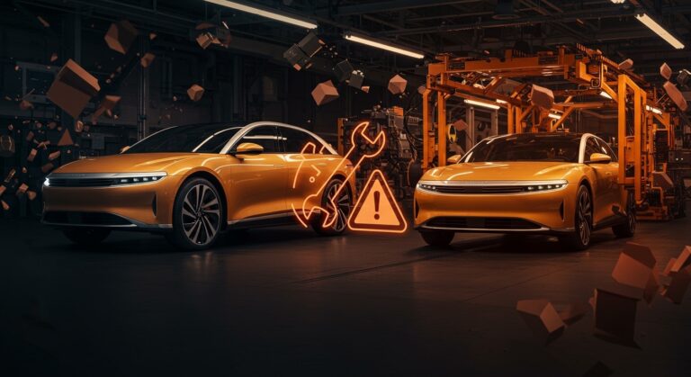 Lucid Motors SUV Gravity en proceso de recall por fallas de calidad, simbolizando desafíos en producción y movilidad eléctrica en startups.