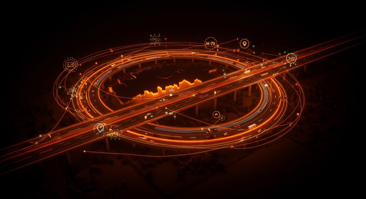 Mapa aéreo futurista de la supercarretera M-70 Madrid destacando conectividad y movilidad para startups de logística e infraestructuras de España.