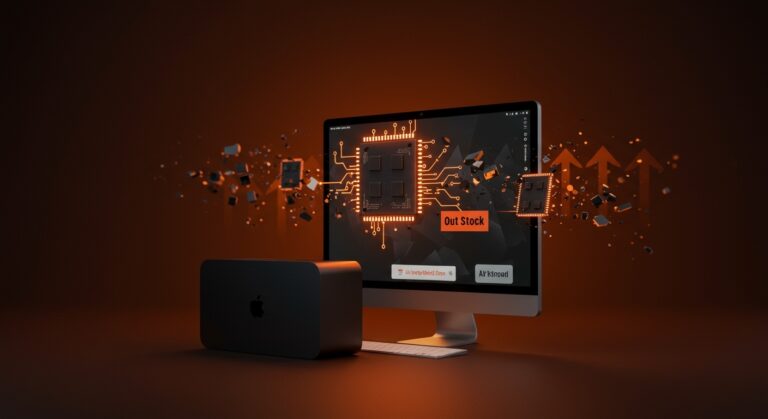 Mac mini y Mac Studio sin stock en Apple Store con metáforas visuales de crisis de RAM y la llegada del chip M5.