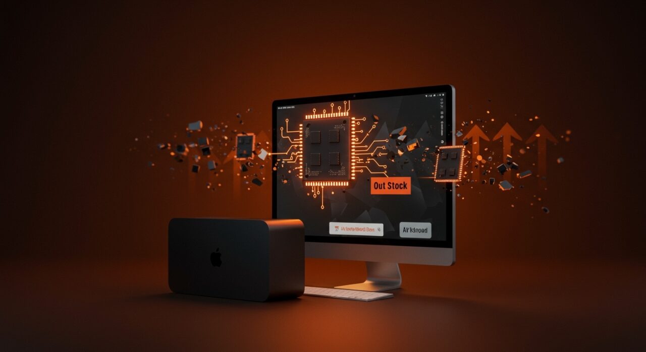 Mac mini y Mac Studio sin stock en Apple Store con metáforas visuales de crisis de RAM y la llegada del chip M5.