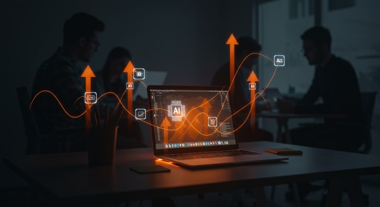 MacBook Air M5 en un escritorio moderno destacando su chip IA y batería extendida como hardware esencial para startups en España 2026.