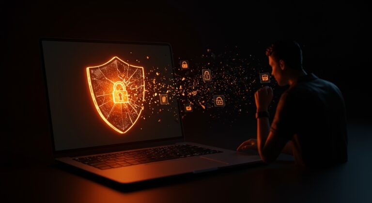 Ilustración visual de vulnerabilidades en privacidad y seguridad en macOS afectando startups, con metáforas digitales en paleta naranja y negra.