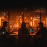 Emprendedores colaborando en incubadora de Concepción con elementos visuales representando la innovación y ecosistema startup de Biobío y MetaRed.