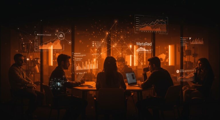 Emprendedores colaborando en incubadora de Concepción con elementos visuales representando la innovación y ecosistema startup de Biobío y MetaRed.