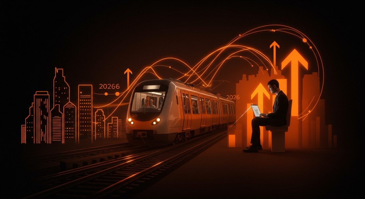 Profesional viajando en tren entre Madrid y Valladolid, simbolizando la movilidad laboral y oportunidades para startups en 2026.