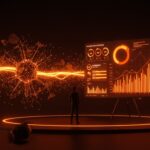 Fundador de startup española frente a gráficos de upscaling y redes neuronales en IA generativa, ilustrando bootstrapping y modelo SaaS innovador.