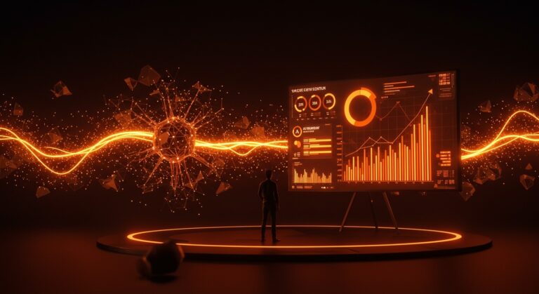 Fundador de startup española frente a gráficos de upscaling y redes neuronales en IA generativa, ilustrando bootstrapping y modelo SaaS innovador.