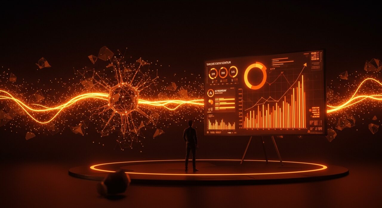 Fundador de startup española frente a gráficos de upscaling y redes neuronales en IA generativa, ilustrando bootstrapping y modelo SaaS innovador.