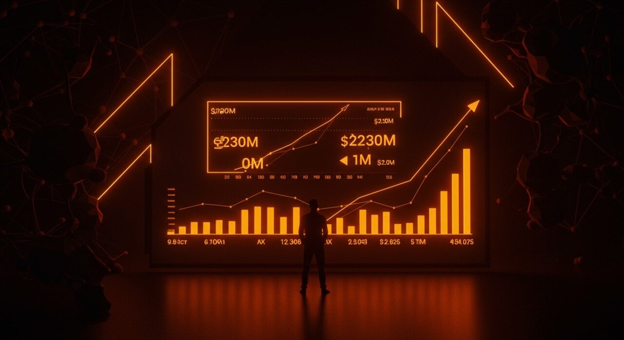 Joaquín Cuenca CEO de Magnific frente a gráficos digitales que representan $230M ARR y crecimiento rentable de IA sin inversión de capital.