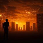 Silueta de founder de startup frente a centros de datos con metáforas visuales de regulación tecnológica y expansión en Maine.