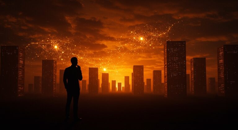 Silueta de founder de startup frente a centros de datos con metáforas visuales de regulación tecnológica y expansión en Maine.