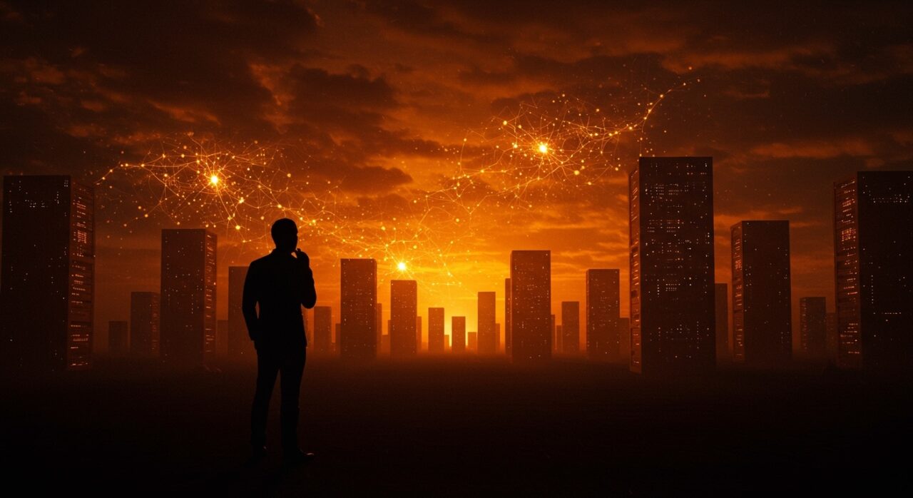 Silueta de founder de startup frente a centros de datos con metáforas visuales de regulación tecnológica y expansión en Maine.