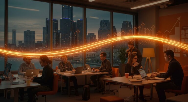 Emprendedores colaborando en Detroit con símbolos de subvenciones y crecimiento en el programa Make Detroit Home.