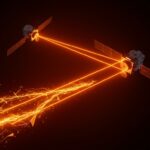 Satélites intercambiando energía láser en órbita, representando la innovación y financiación deep tech de Mantis Space en energía espacial.