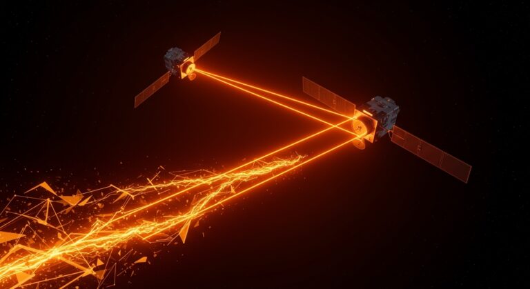 Satélites intercambiando energía láser en órbita, representando la innovación y financiación deep tech de Mantis Space en energía espacial.