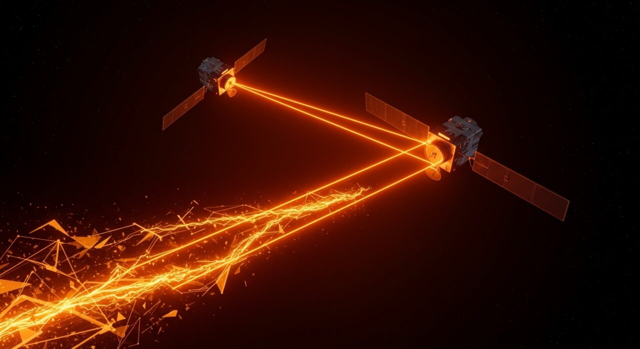 Satélites intercambiando energía láser en órbita, representando la innovación y financiación deep tech de Mantis Space en energía espacial.