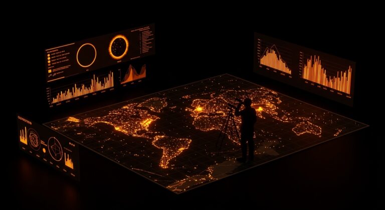 Mapa 3D de contaminación luminosa para la observación del eclipse solar 2026 con tecnología GIS y escala Bortle, destacando tendencias tecnológicas en astronomía.