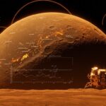 Mapa geológico lunar detallado con la cuenca Polo Sur-Aitken y la nave Artemis II, simbolizando la exploración espacial y la ciencia lunar.