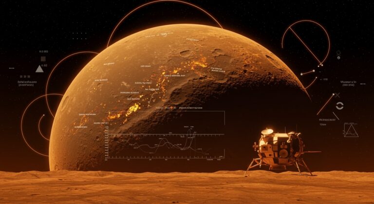 Mapa geológico lunar detallado con la cuenca Polo Sur-Aitken y la nave Artemis II, simbolizando la exploración espacial y la ciencia lunar.