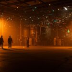 Pérdida de empleos en maquiladoras de Tijuana representada con una fábrica vacía y figuras que simbolizan trabajadores desplazados en un contexto de automatización y reformas laborales.