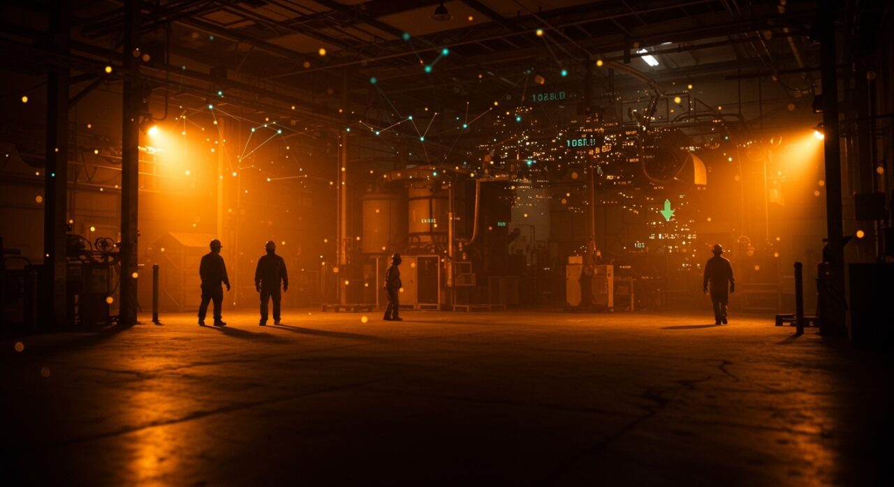 Pérdida de empleos en maquiladoras de Tijuana representada con una fábrica vacía y figuras que simbolizan trabajadores desplazados en un contexto de automatización y reformas laborales.