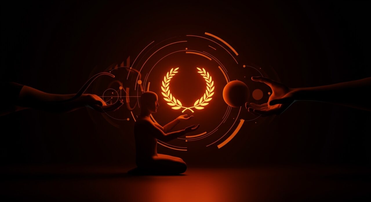 Figura de fundador inspirado en la filosofía estoica de Marco Aurelio, gestionando éxito y pérdida con serenidad y desapego en el contexto emprendedor.