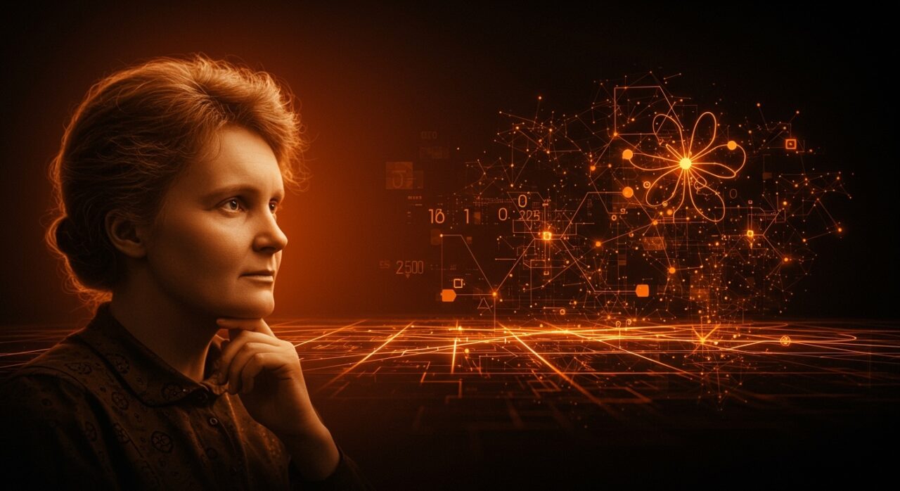 Retrato estilizado de Marie Curie inspirando gestión emocional y transformación de miedo en oportunidades dentro del ecosistema startup.