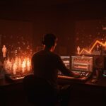 Impacto del marketing digital y fans falsos en la industria musical con representación visual de algoritmos y economía de atención.