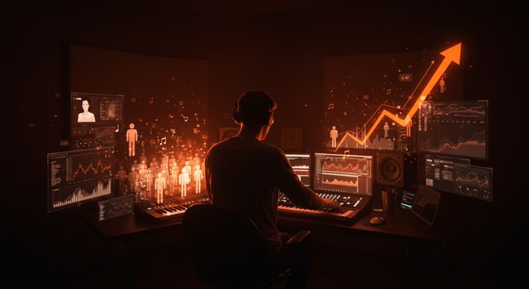 Impacto del marketing digital y fans falsos en la industria musical con representación visual de algoritmos y economía de atención.