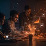 Profesionales de marketing con IA colaborando sobre interfaces digitales, ilustrando salarios 35% más altos y automatización en startups.