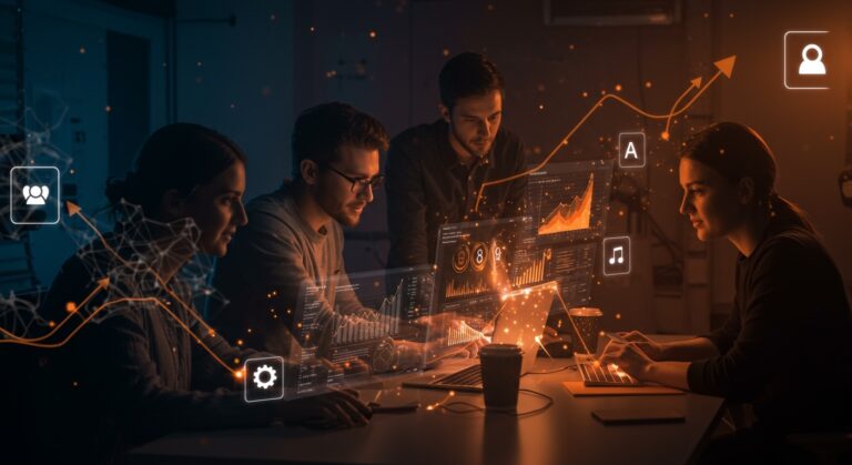 Profesionales de marketing con IA colaborando sobre interfaces digitales, ilustrando salarios 35% más altos y automatización en startups.