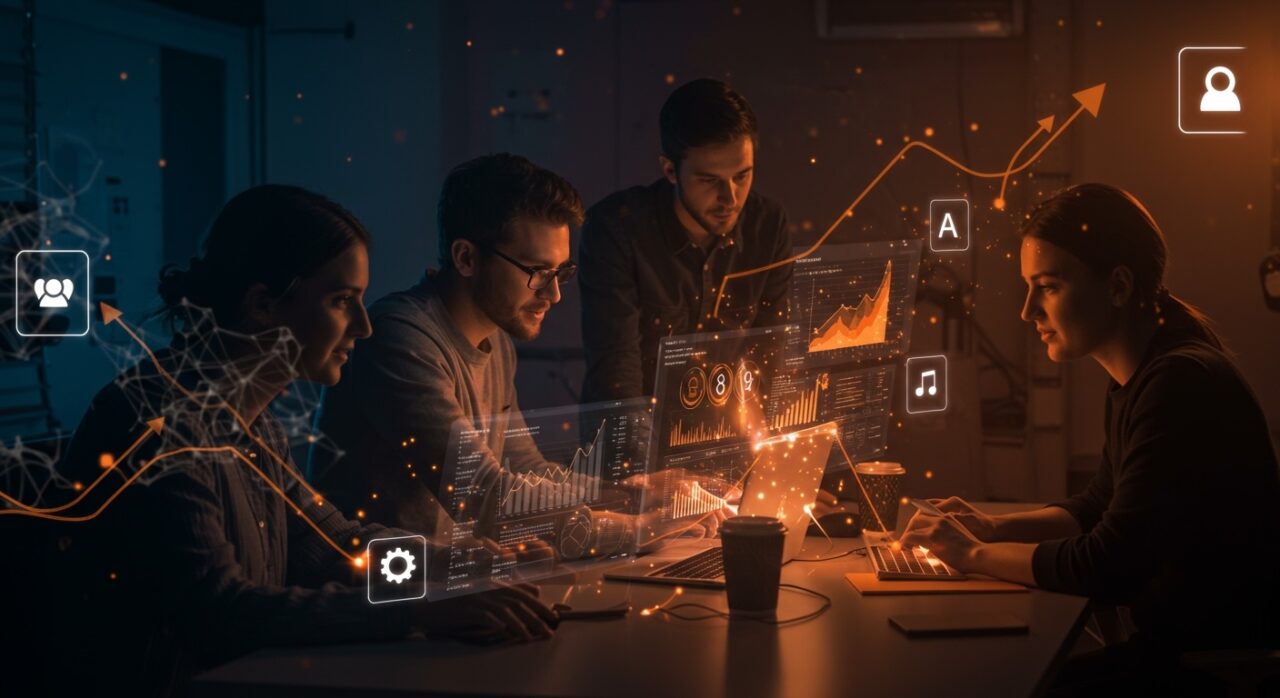 Profesionales de marketing con IA colaborando sobre interfaces digitales, ilustrando salarios 35% más altos y automatización en startups.