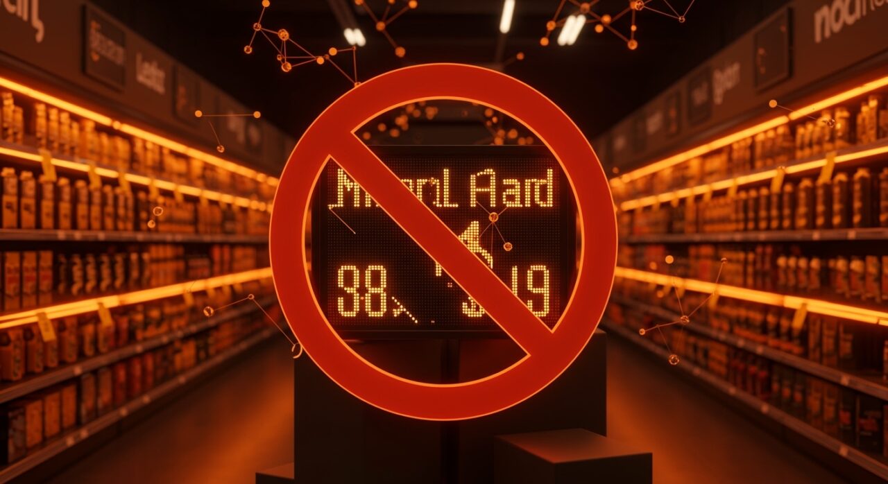 Supermercado con etiquetas de precio digitales prohibidas, representando la regulación contra surveillance pricing en Maryland y su impacto en retail tech.