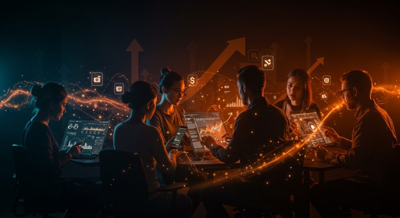 Equipo de startup fintech colaborando en interfaces digitales, simbolizando inversión y aceleración en pagos digitales y fintech en España.