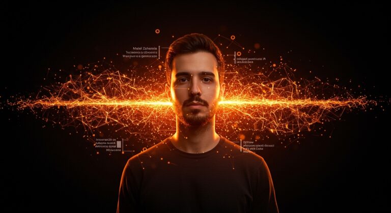 Matei Zaharia recibiendo el Premio ACM 2026 con elementos visuales que representan inteligencia artificial general y tecnología distribuida.