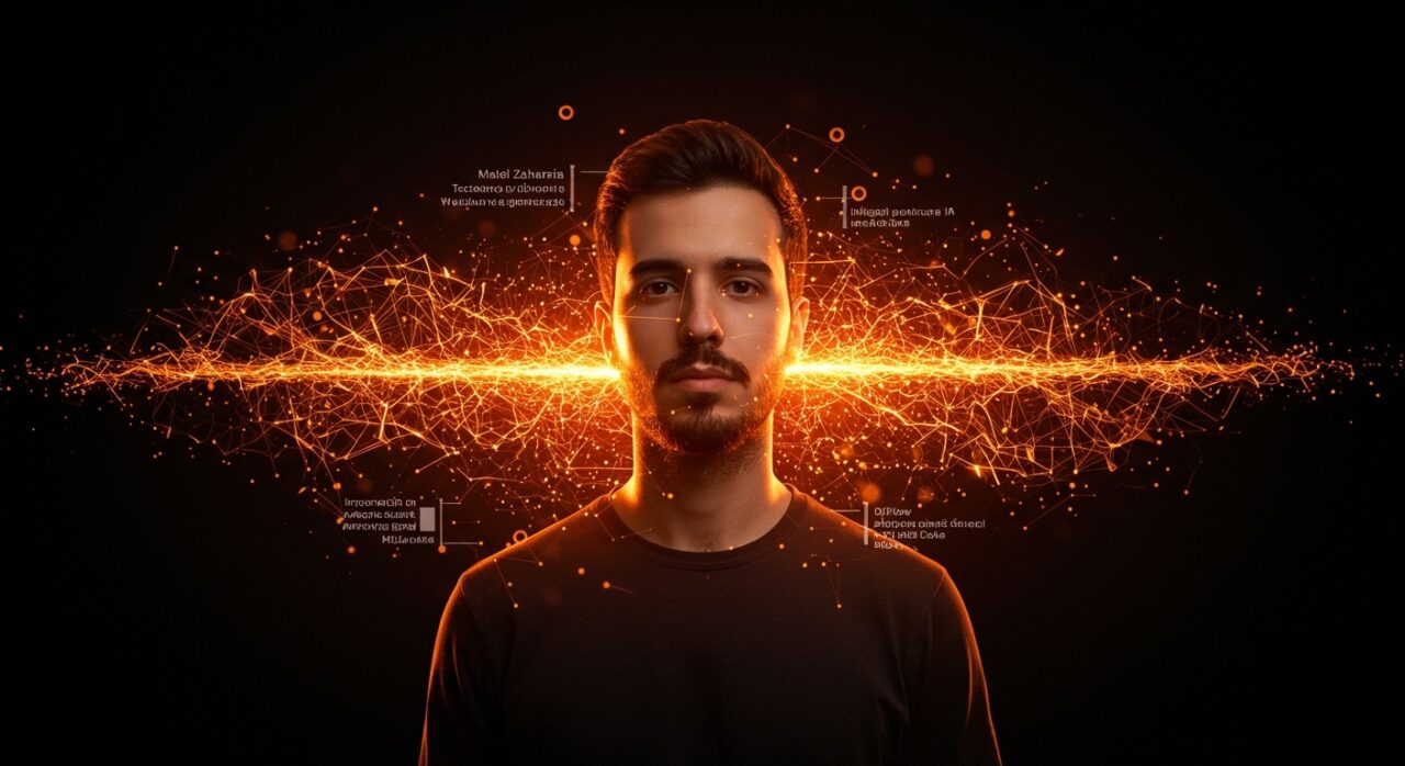 Matei Zaharia recibiendo el Premio ACM 2026 con elementos visuales que representan inteligencia artificial general y tecnología distribuida.