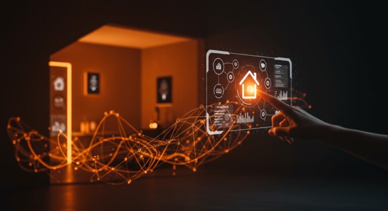 Dispositivos domóticos conectados mediante Matter y Thread en un hogar inteligente, ilustrando oportunidades tecnológicas para startups IoT en 2026.