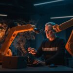 Ingeniero senior en robótica trabajando con brazo robótico impulsado por IA en startup tecnológico de automatización industrial.
